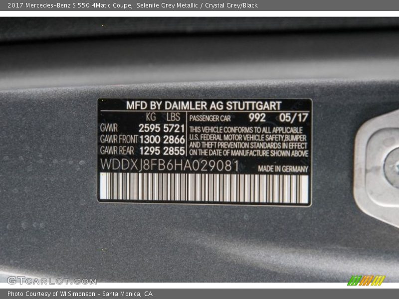 2017 S 550 4Matic Coupe Selenite Grey Metallic Color Code 992