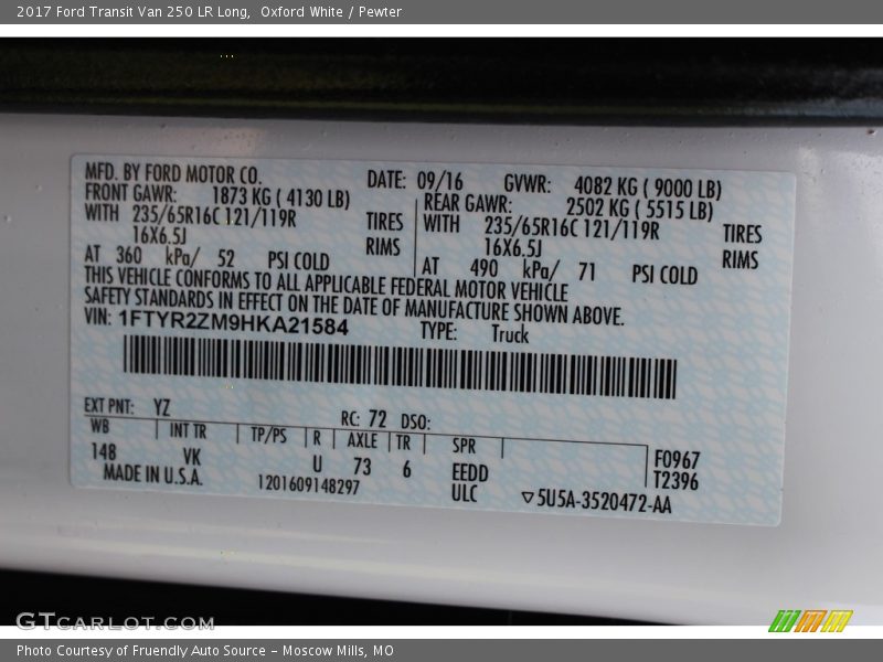 Oxford White / Pewter 2017 Ford Transit Van 250 LR Long