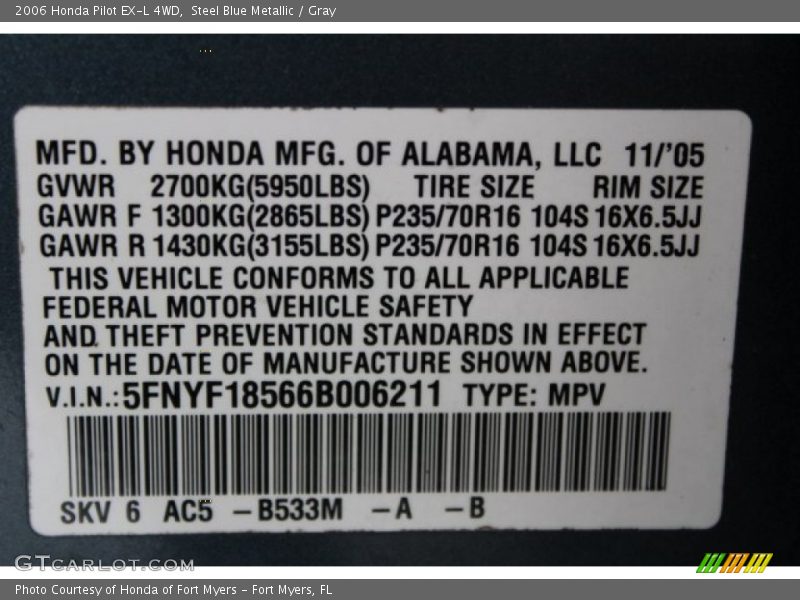 Steel Blue Metallic / Gray 2006 Honda Pilot EX-L 4WD