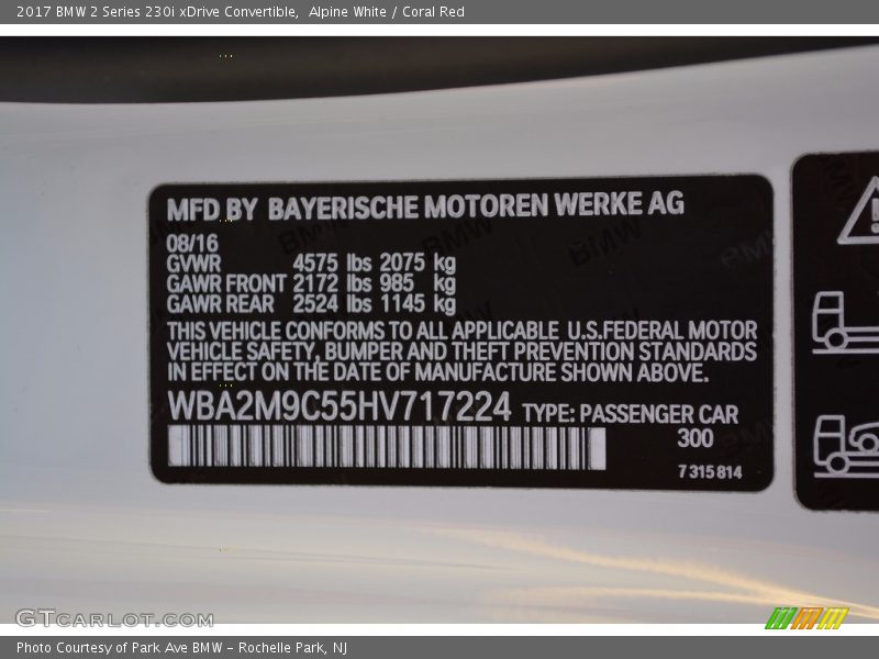 Alpine White / Coral Red 2017 BMW 2 Series 230i xDrive Convertible