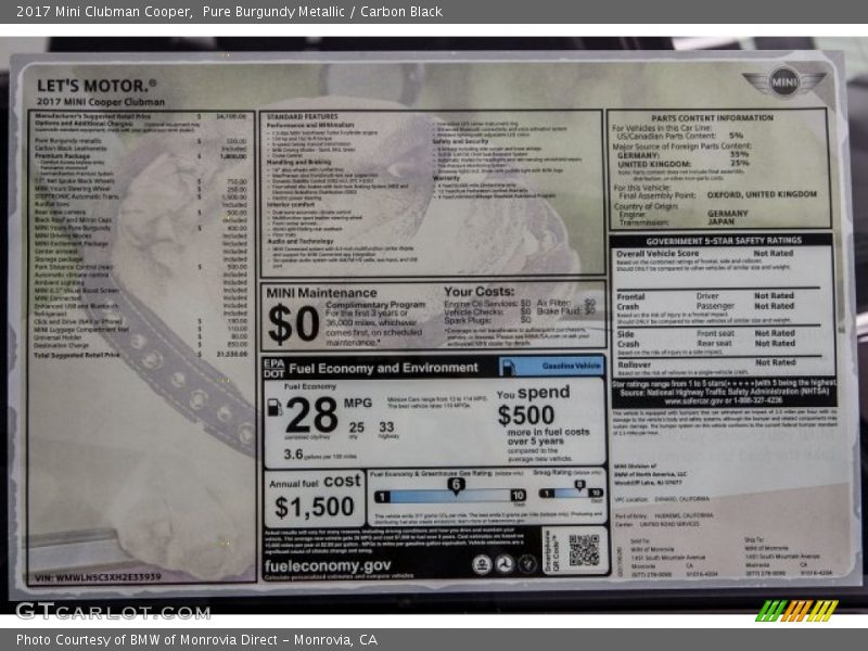 Pure Burgundy Metallic / Carbon Black 2017 Mini Clubman Cooper