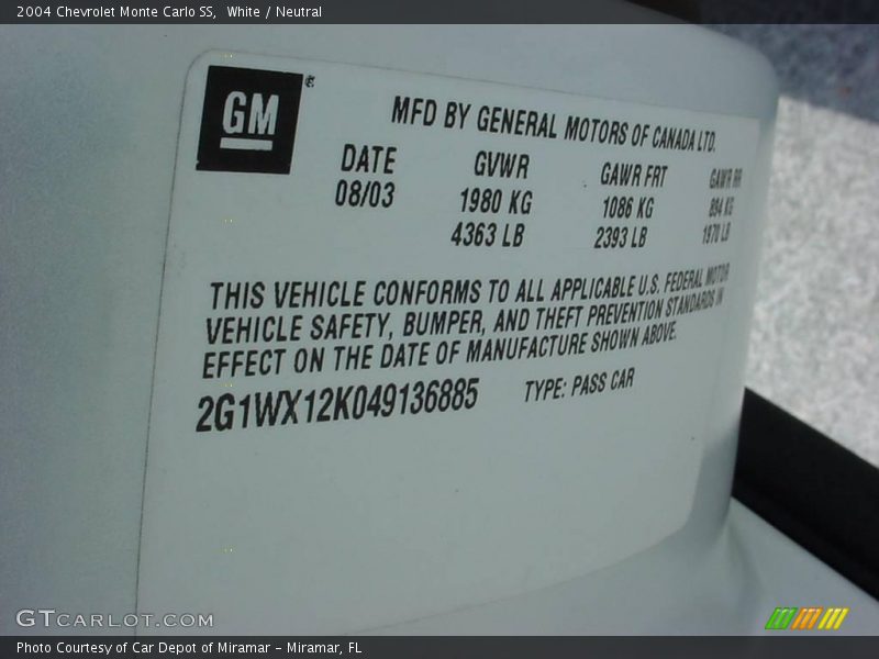 White / Neutral 2004 Chevrolet Monte Carlo SS