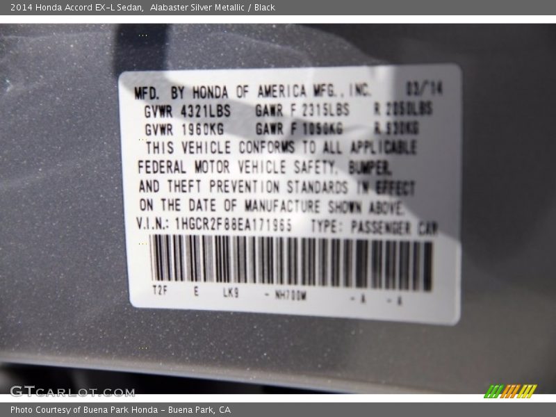 Alabaster Silver Metallic / Black 2014 Honda Accord EX-L Sedan