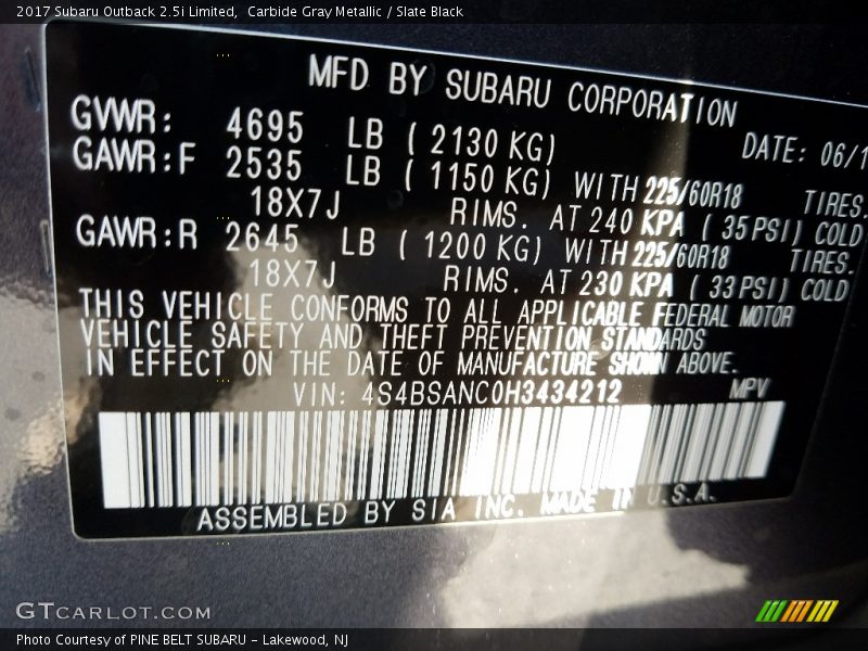 Carbide Gray Metallic / Slate Black 2017 Subaru Outback 2.5i Limited