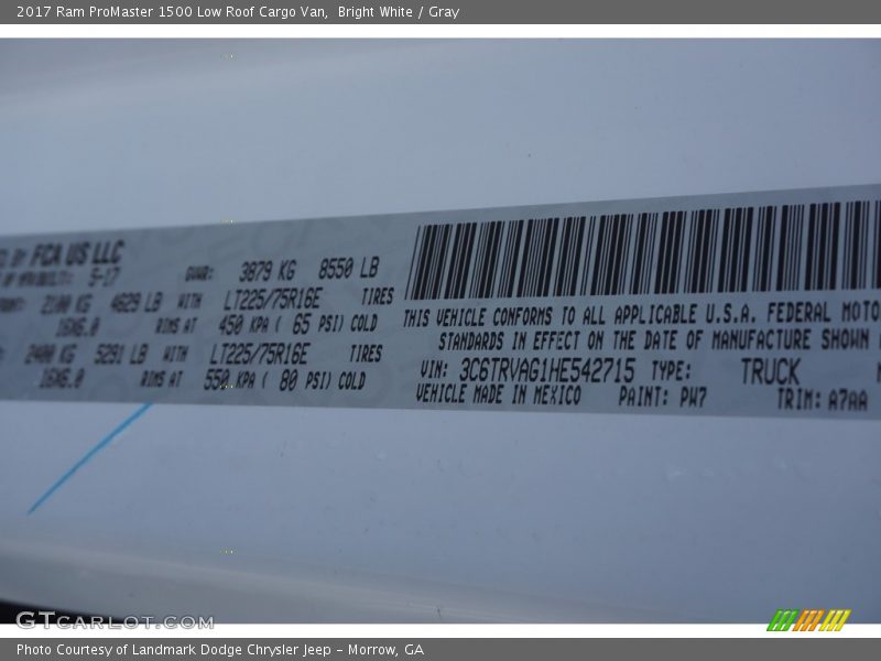 Bright White / Gray 2017 Ram ProMaster 1500 Low Roof Cargo Van