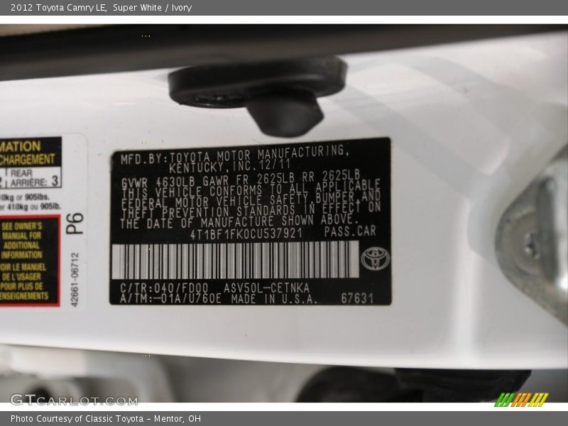 Super White / Ivory 2012 Toyota Camry LE