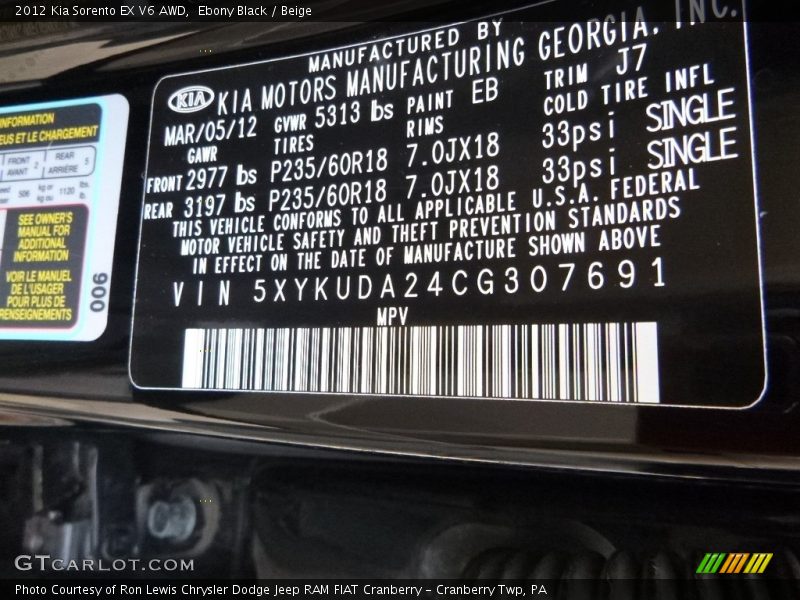 Ebony Black / Beige 2012 Kia Sorento EX V6 AWD