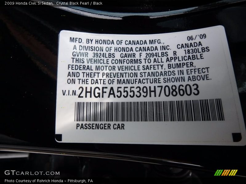 Crystal Black Pearl / Black 2009 Honda Civic Si Sedan
