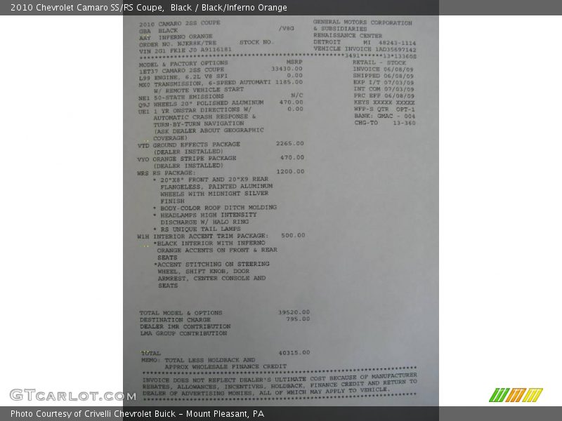 Black / Black/Inferno Orange 2010 Chevrolet Camaro SS/RS Coupe