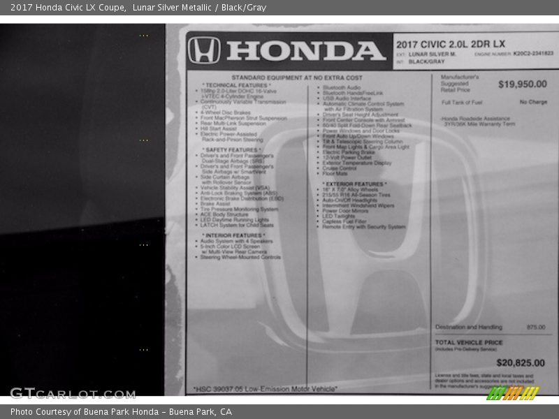 Lunar Silver Metallic / Black/Gray 2017 Honda Civic LX Coupe