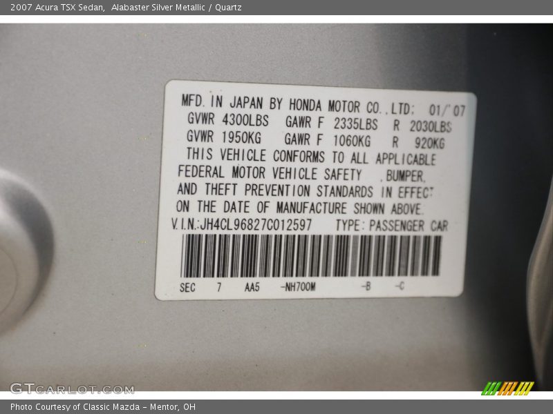 Alabaster Silver Metallic / Quartz 2007 Acura TSX Sedan