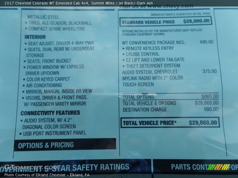 Summit White / Jet Black/­Dark Ash 2017 Chevrolet Colorado WT Extended Cab 4x4