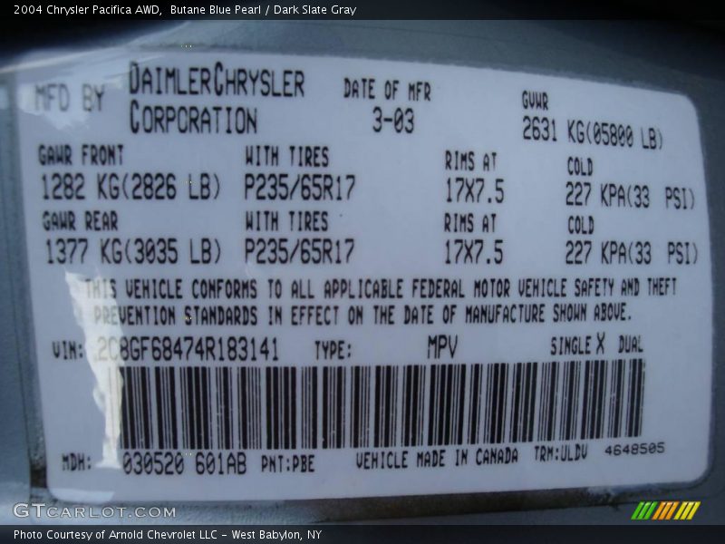 Butane Blue Pearl / Dark Slate Gray 2004 Chrysler Pacifica AWD