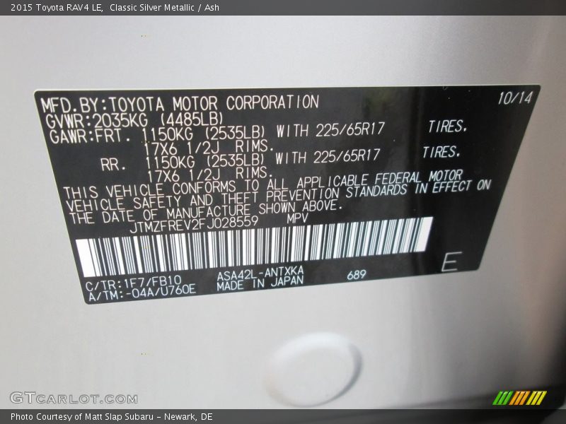 Classic Silver Metallic / Ash 2015 Toyota RAV4 LE