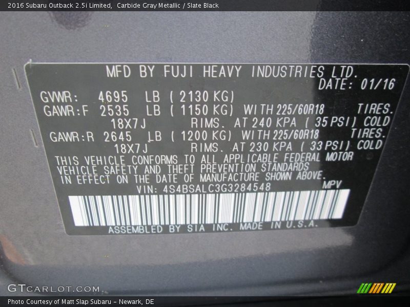 Carbide Gray Metallic / Slate Black 2016 Subaru Outback 2.5i Limited