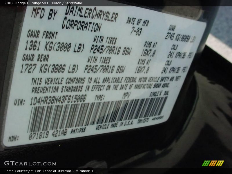 Black / Sandstone 2003 Dodge Durango SXT