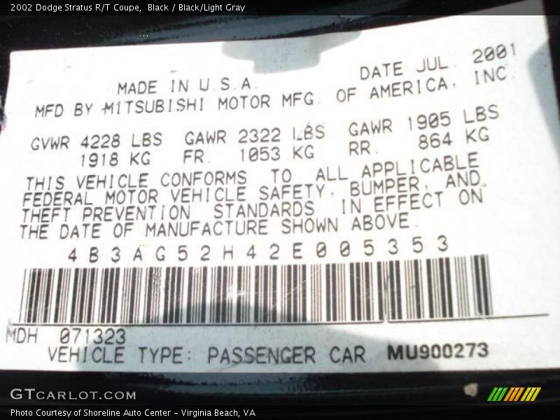 Black / Black/Light Gray 2002 Dodge Stratus R/T Coupe