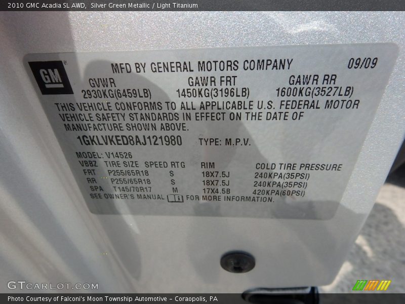 Silver Green Metallic / Light Titanium 2010 GMC Acadia SL AWD