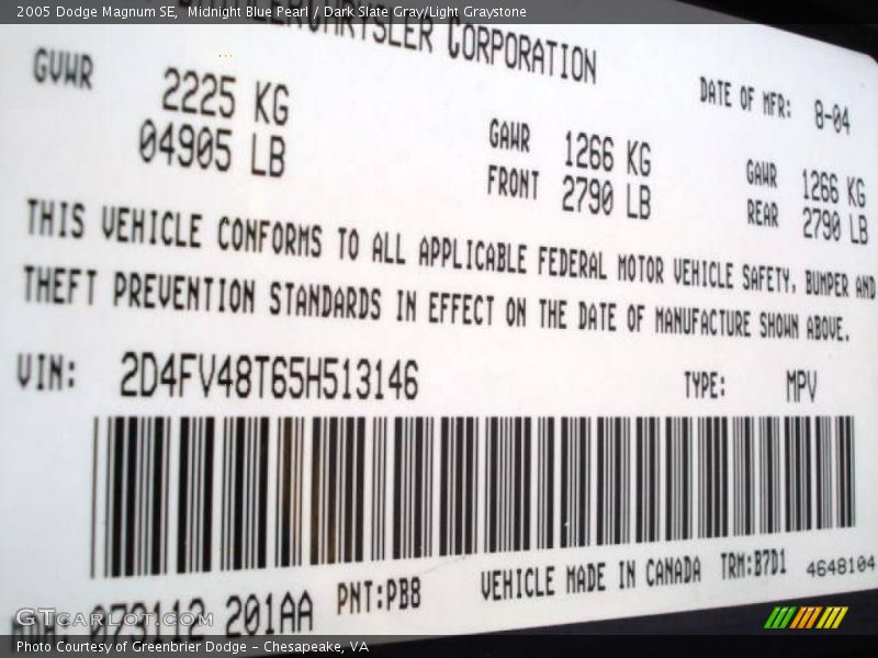 Midnight Blue Pearl / Dark Slate Gray/Light Graystone 2005 Dodge Magnum SE