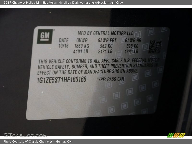 Blue Velvet Metallic / Dark Atmosphere/Medium Ash Gray 2017 Chevrolet Malibu LT