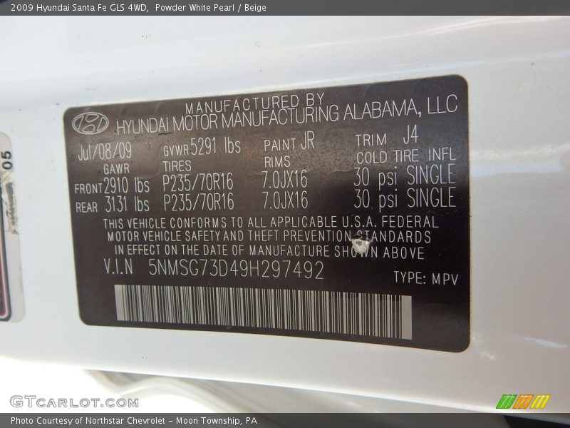 Powder White Pearl / Beige 2009 Hyundai Santa Fe GLS 4WD