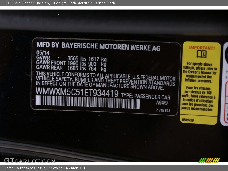 Midnight Black Metallic / Carbon Black 2014 Mini Cooper Hardtop