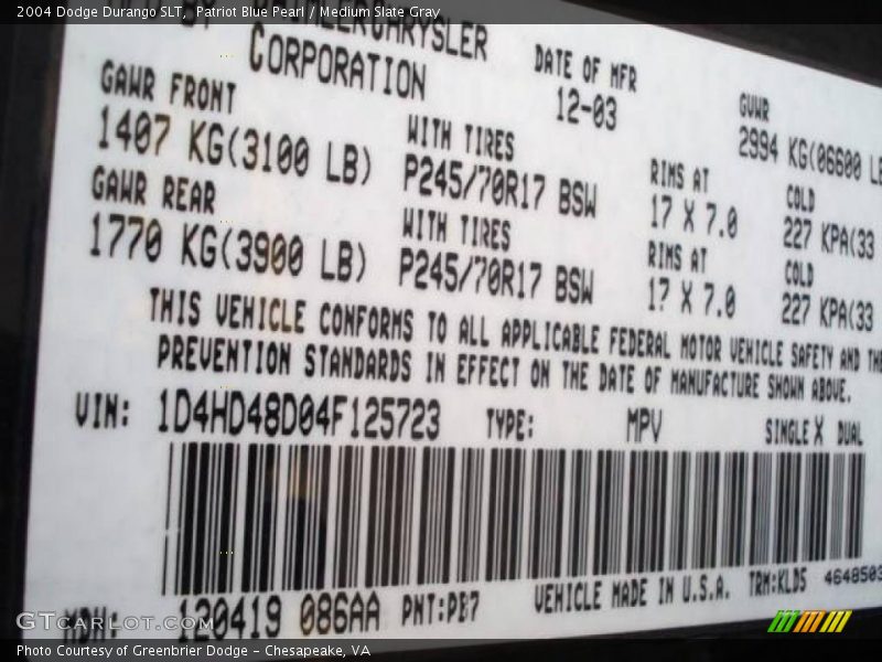 Patriot Blue Pearl / Medium Slate Gray 2004 Dodge Durango SLT