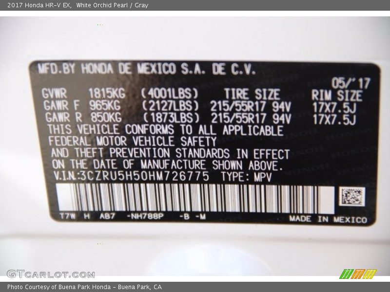 White Orchid Pearl / Gray 2017 Honda HR-V EX