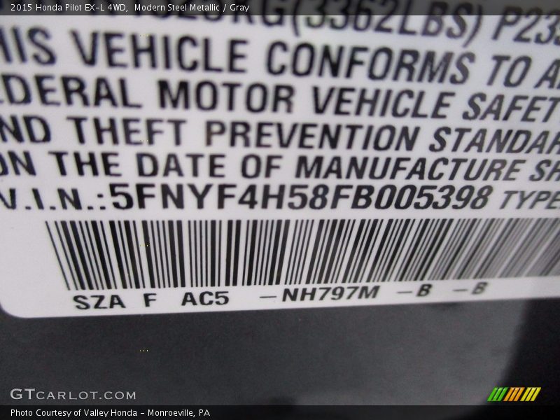 Modern Steel Metallic / Gray 2015 Honda Pilot EX-L 4WD