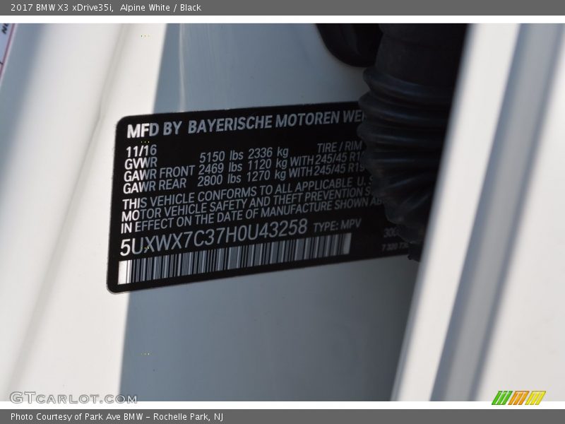 Alpine White / Black 2017 BMW X3 xDrive35i