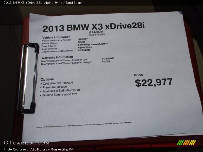 Alpine White / Sand Beige 2013 BMW X3 xDrive 28i