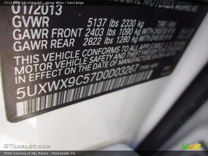 Alpine White / Sand Beige 2013 BMW X3 xDrive 28i