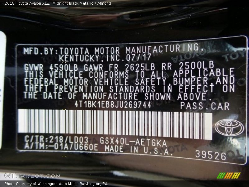 2018 Avalon XLE Midnight Black Metallic Color Code 218