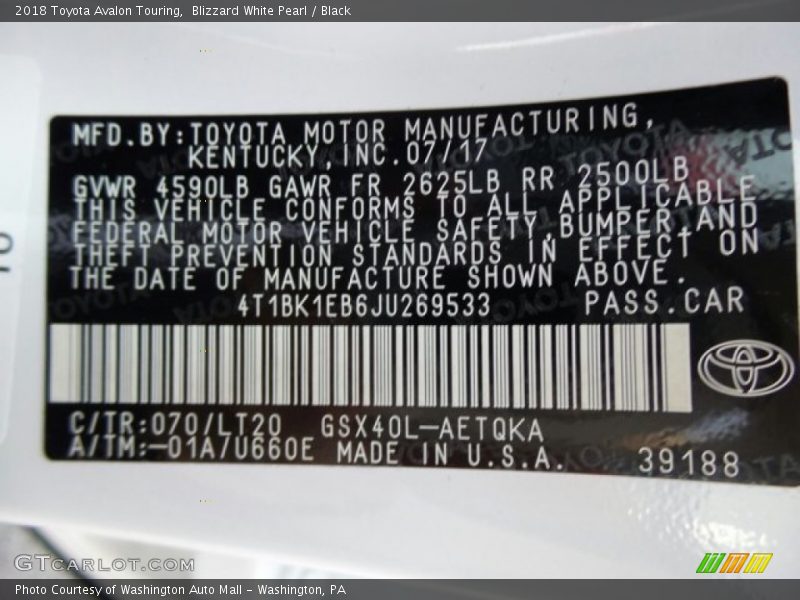 2018 Avalon Touring Blizzard White Pearl Color Code 070