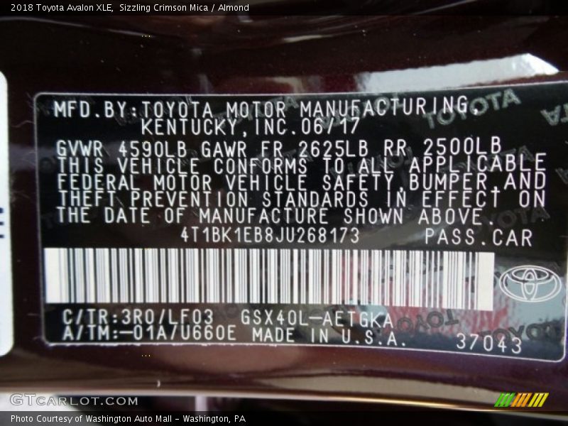 Sizzling Crimson Mica / Almond 2018 Toyota Avalon XLE