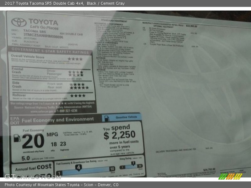 Black / Cement Gray 2017 Toyota Tacoma SR5 Double Cab 4x4