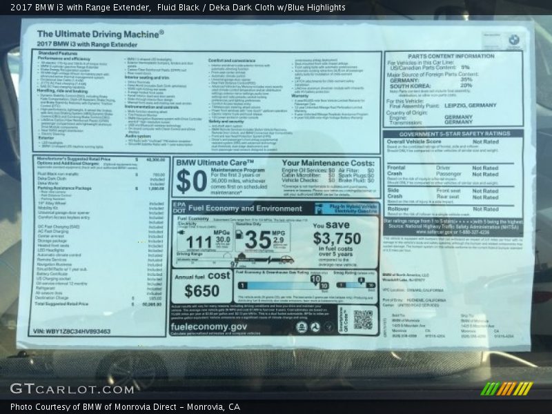 Fluid Black / Deka Dark Cloth w/Blue Highlights 2017 BMW i3 with Range Extender