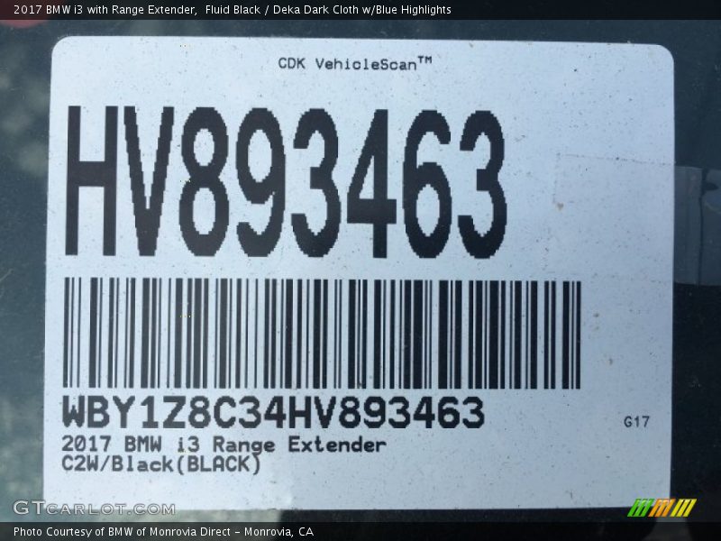 Fluid Black / Deka Dark Cloth w/Blue Highlights 2017 BMW i3 with Range Extender