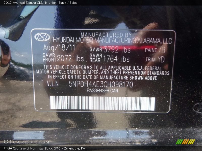 Midnight Black / Beige 2012 Hyundai Elantra GLS