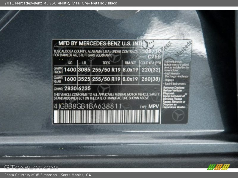 Steel Grey Metallic / Black 2011 Mercedes-Benz ML 350 4Matic