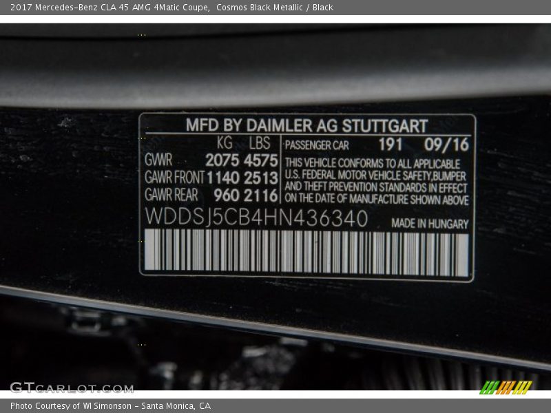 2017 CLA 45 AMG 4Matic Coupe Cosmos Black Metallic Color Code 191