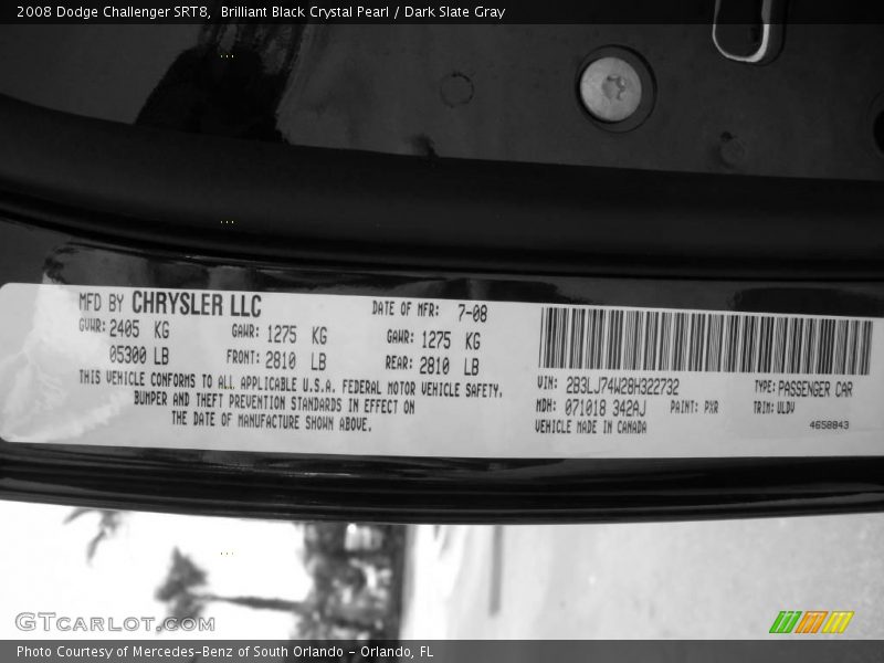 Brilliant Black Crystal Pearl / Dark Slate Gray 2008 Dodge Challenger SRT8