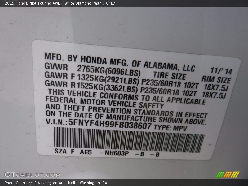 White Diamond Pearl / Gray 2015 Honda Pilot Touring 4WD
