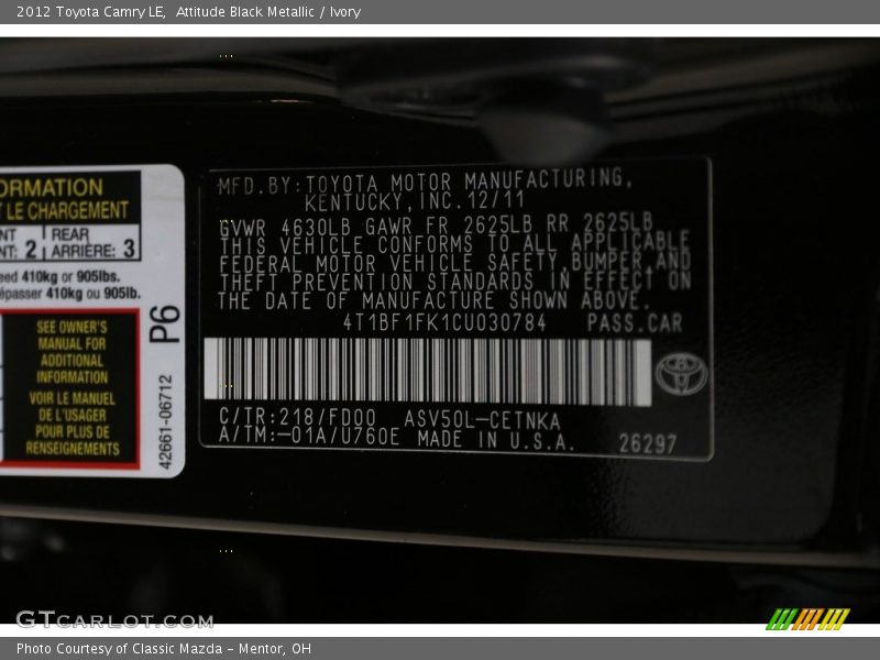 Attitude Black Metallic / Ivory 2012 Toyota Camry LE