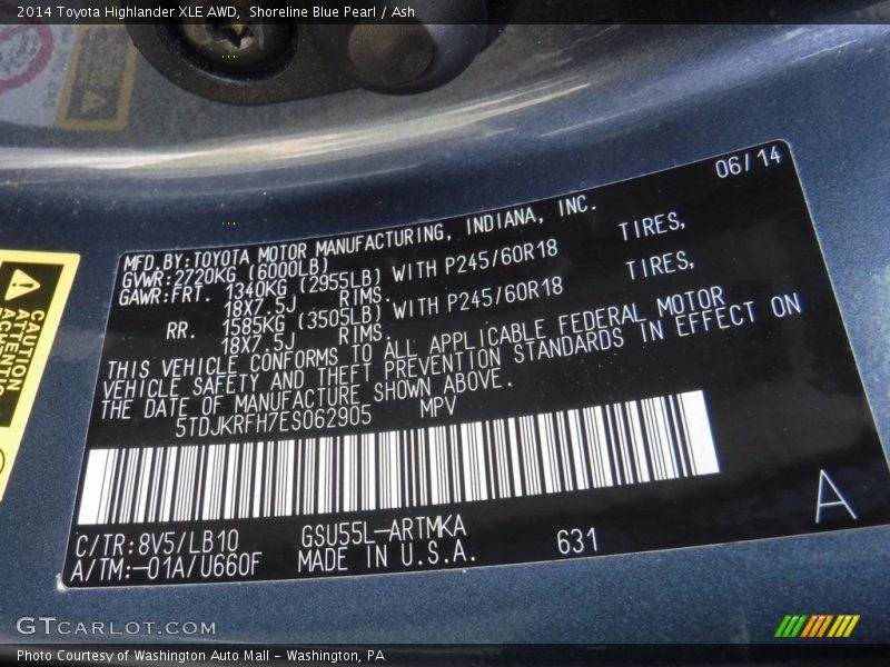 Shoreline Blue Pearl / Ash 2014 Toyota Highlander XLE AWD