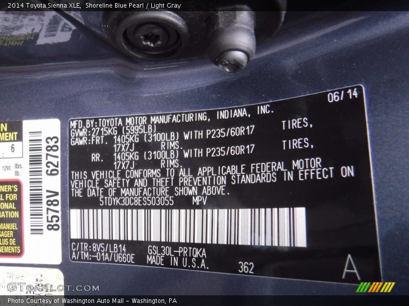 Shoreline Blue Pearl / Light Gray 2014 Toyota Sienna XLE