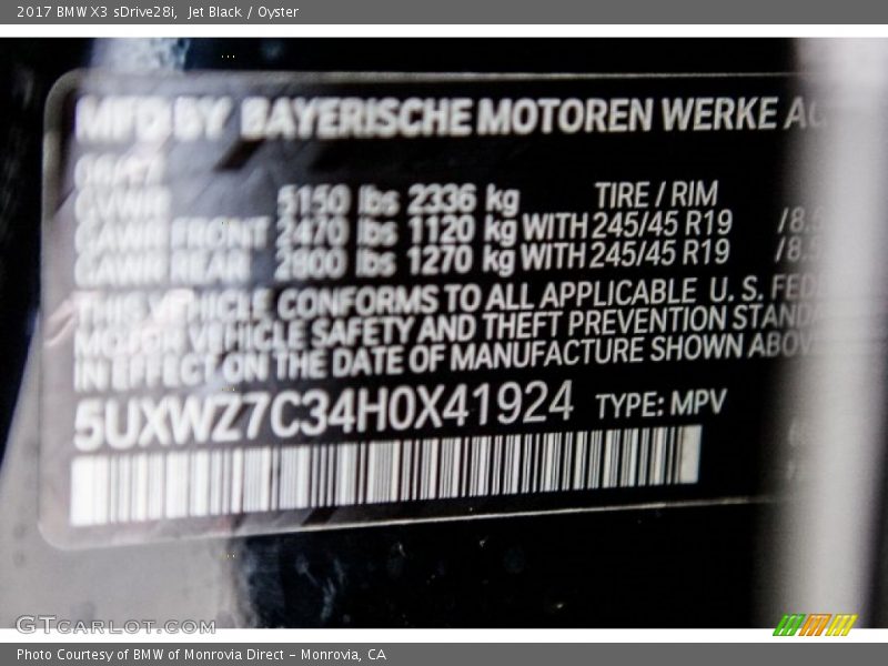 Jet Black / Oyster 2017 BMW X3 sDrive28i