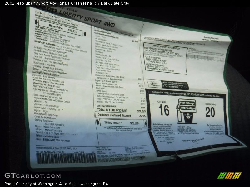 Shale Green Metallic / Dark Slate Gray 2002 Jeep Liberty Sport 4x4