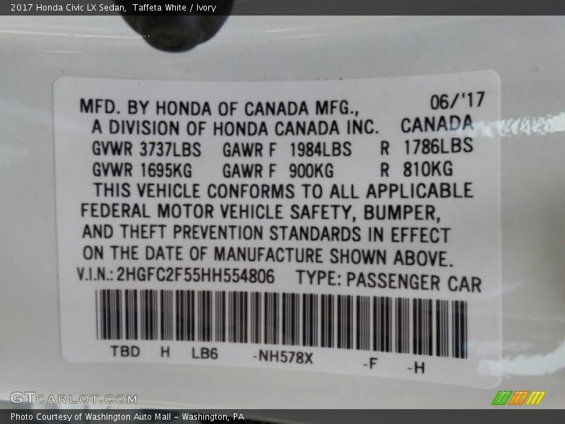 Taffeta White / Ivory 2017 Honda Civic LX Sedan
