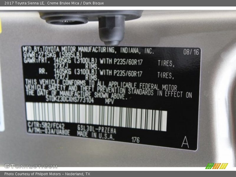 Creme Brulee Mica / Dark Bisque 2017 Toyota Sienna LE